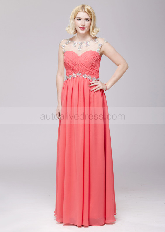Coral Chiffon Beaded Prom Dress For Mother Of The Bride